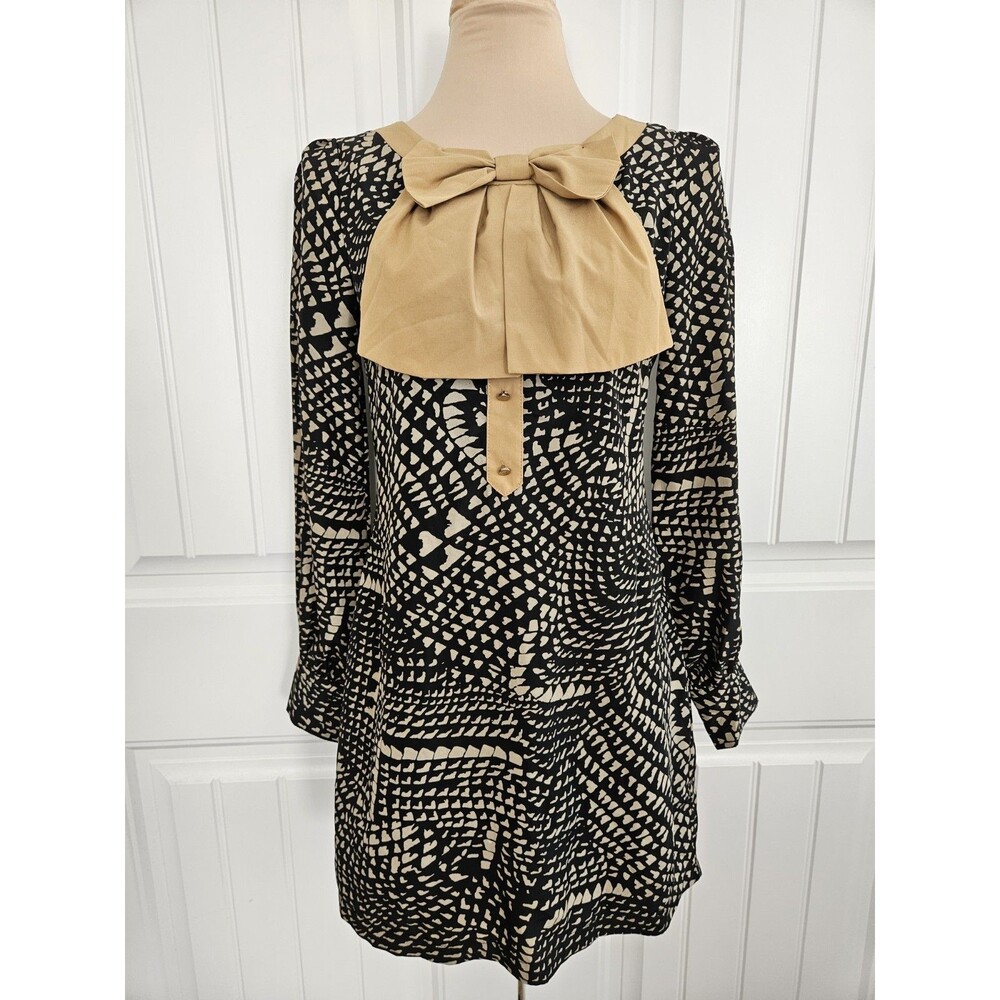 Luv Posh Alanna Bow Tie Mini Dress Abstract W/ Buttons Retro 60's Style Sz S